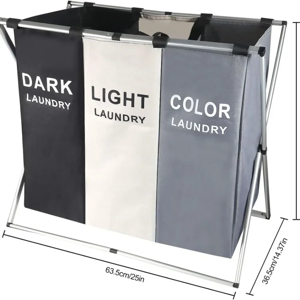 Laundry Cloth Hamper Sorter Basket Bag Bin Foldable 3 Sections Aluminum Frame